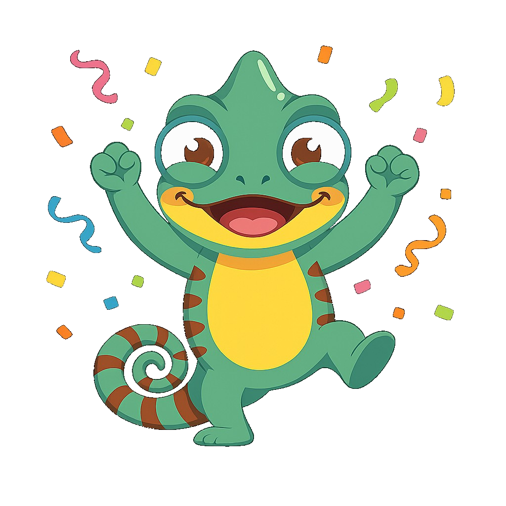 Chameleo mascot celebrating