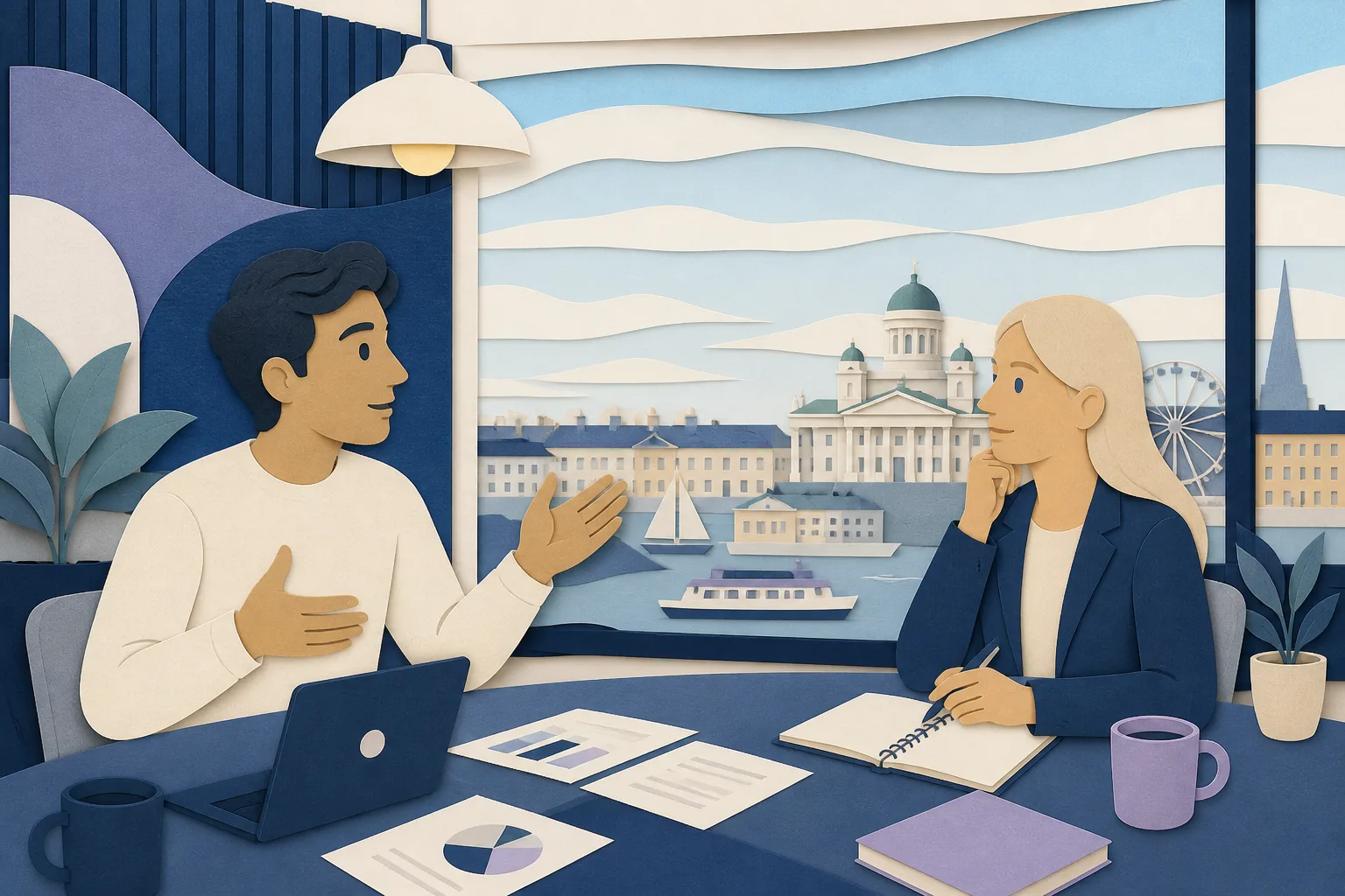 Papercut scene: a student in a quiet seminar that feels off